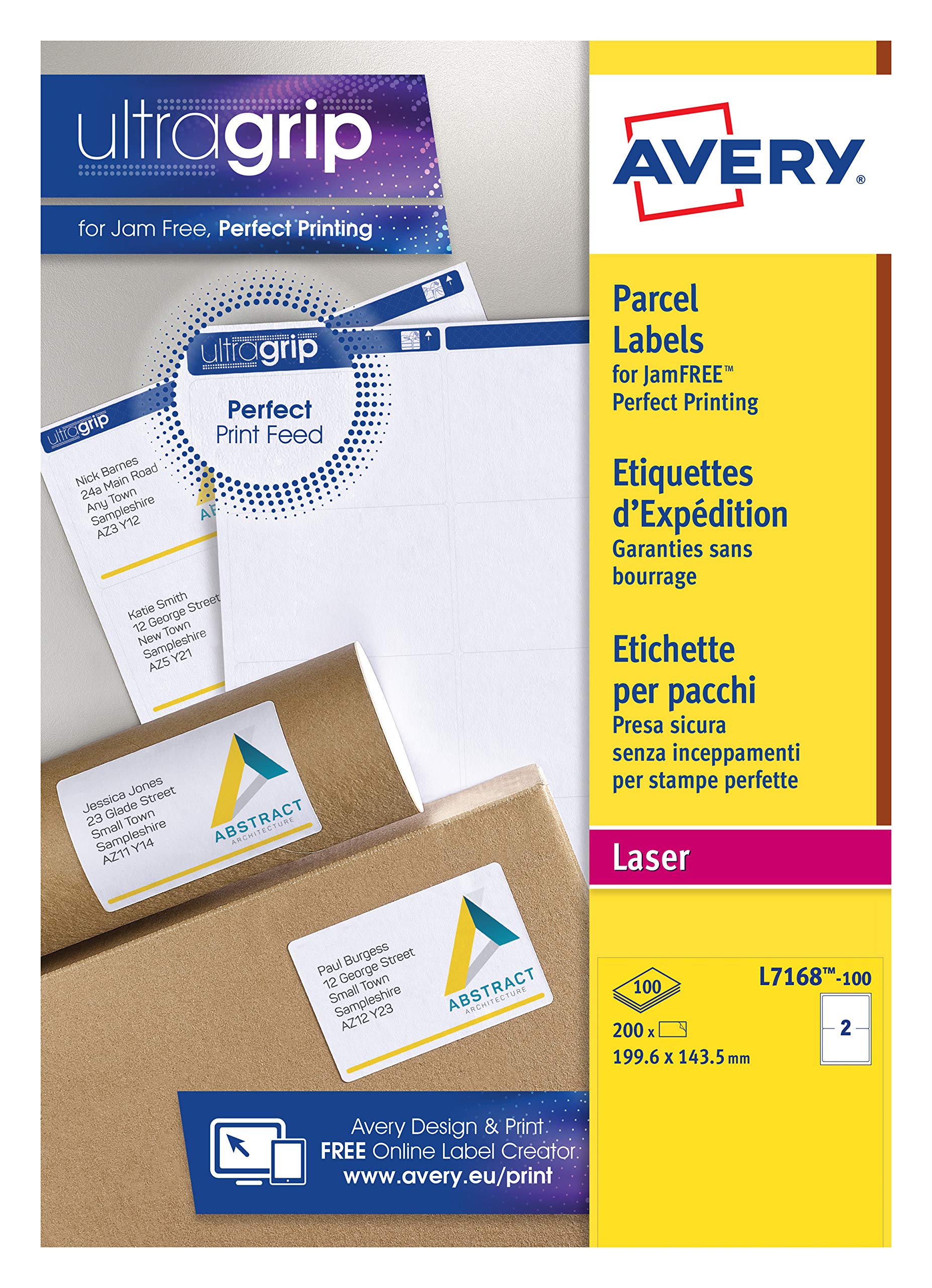 Avery L7168-100, Printable, Customisable Parcel Shipping Labels, Laser Printers, 2 Labels Per A4 Sheet, 200 Labels, White