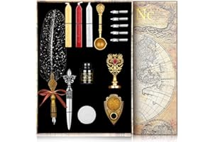 NC Quill Pen ink Set,Feather Pen ink Set Includes Feather Dip Pen,Ink,5 Replacement Nibs,3 Wax Seal Sticks,Pen Nib Base,Seal Stamp, White Wax,Spoon,Envelope letter paper, Envelope Tool (Black)