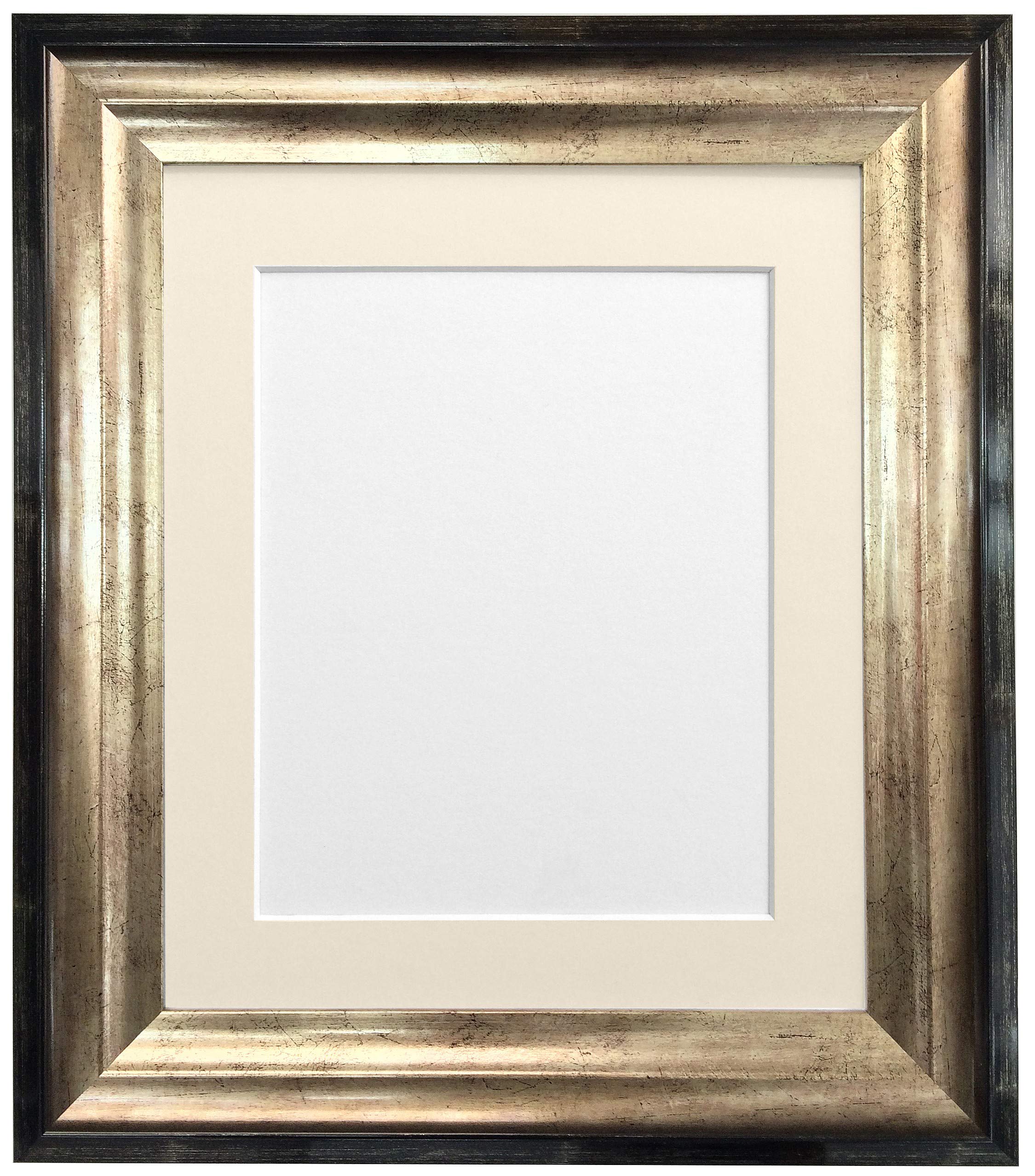 FRAMES BY POST Firenza Antique Distressed Black and Gold Picture Photo Frame Plastic Glass with Ivory Mount 14"x8" picture Size 10"x 4"