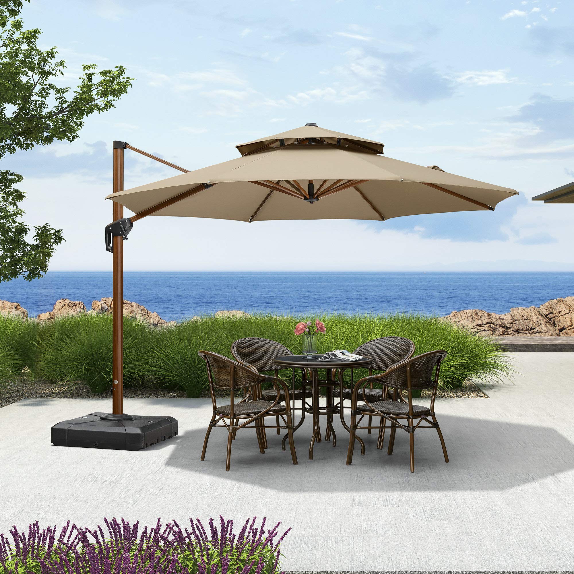 PURPLE LEAF 11 Feet Double Top Deluxe Sunbrella Wood Pattern Patio Umbrella Offset Hanging Umbrella Cantilever Umbrella Outdoor Market Umbrella Garden Umbrella, Heather Beige