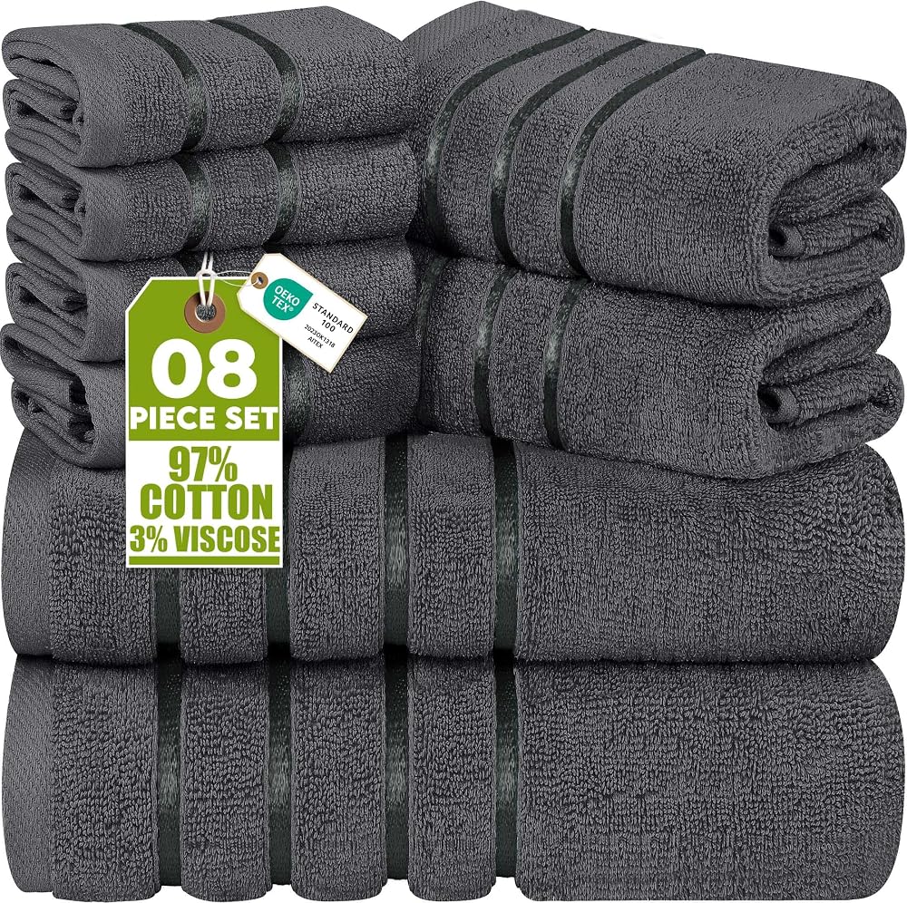 Utopia Towels 8-Piece Luxury Towel Set Grey 97% Ring Spun Cotton Viscose Stripe