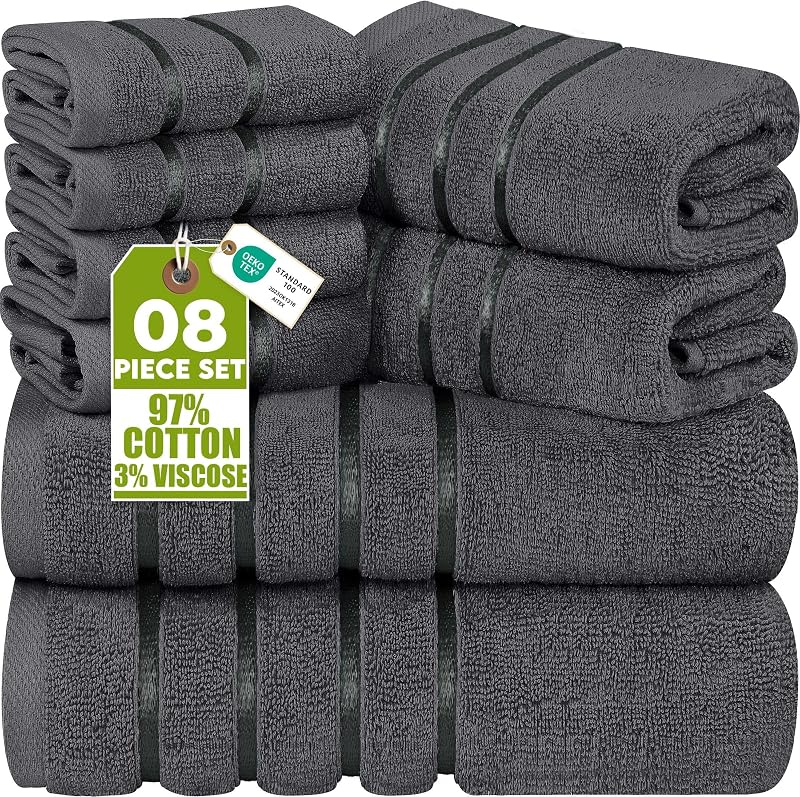 Utopia Towels 8-Piece Luxury Towel Set Grey 97% Ring Spun Cotton Viscose Stripe