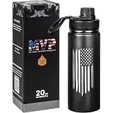 Military Gift Shop 20oz Insulated Steel American Flag Water Bottle | BPA-Free Steel, Double Wall, Leakproof lid, Carry Handle, Distressed USA Flag Engraved Patriotic Gift