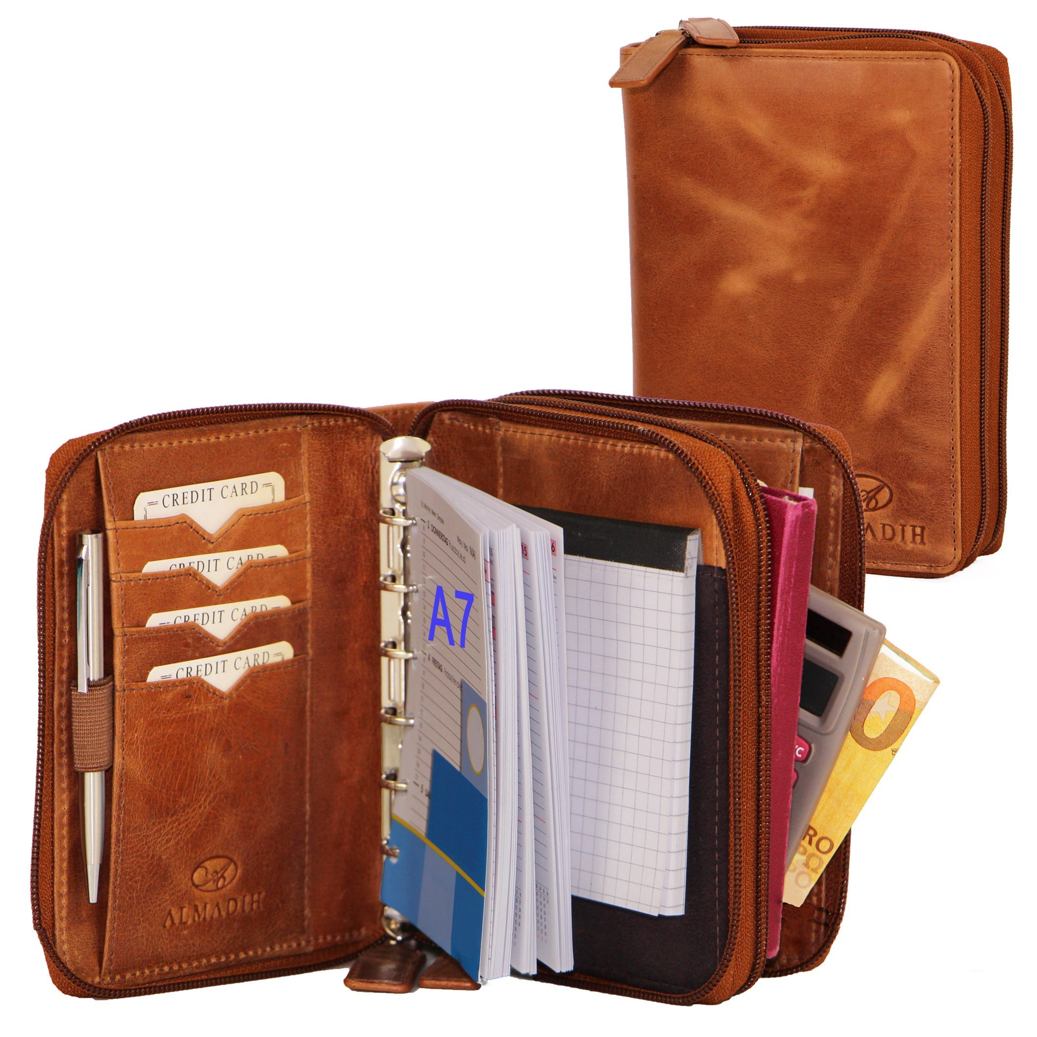 ALMADIH Leather A7 Organizer with 2 compartments Double Zipper Calendar 2025 + Writing Pad Premium Cow Leather brown deluxe - Personal Planner Conference Folder System Ring Binder Portfolio Folio
