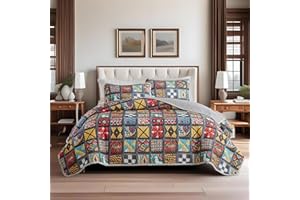 3-Piece Boho Checkered Quilt Set Queen Lightweight Microfiber Bedspread with 2 Pillow Shams Soft Bedding Coverlet Set for Wom