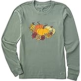 Life is Good Womens Crusher Tee Shirt, Long Sleeve Cotton Graphic T-Shirts, Pumpkin and Flowers