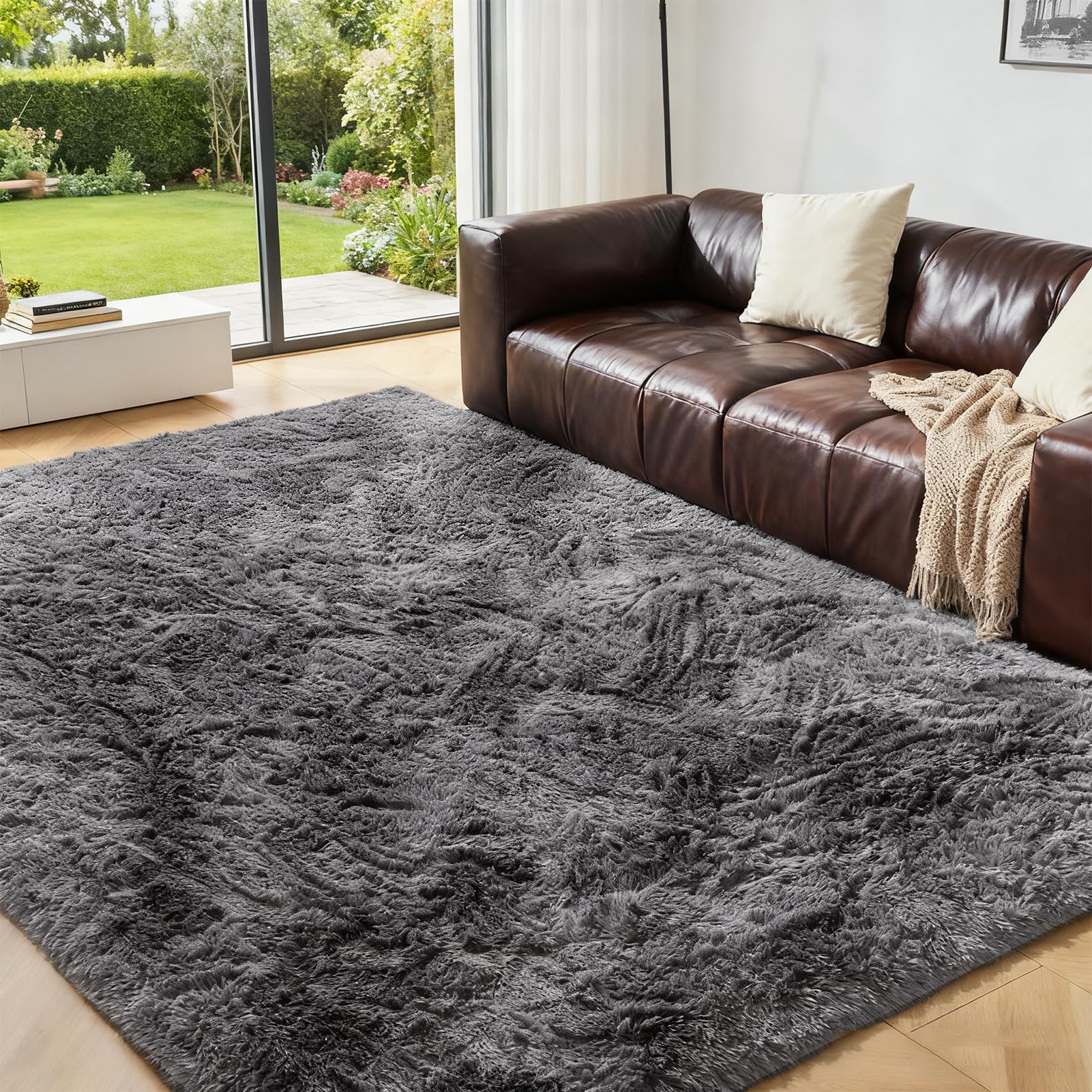 OMERAI Soft Fluffy Rug for Living Room Tie Dye Craft Anti Slip Shaggy Rug Fluffy Rugs Faux Fur Rug Area Rugs for Bedroom Kids Rooms Decor (Dark Grey, 90 * 150cm)