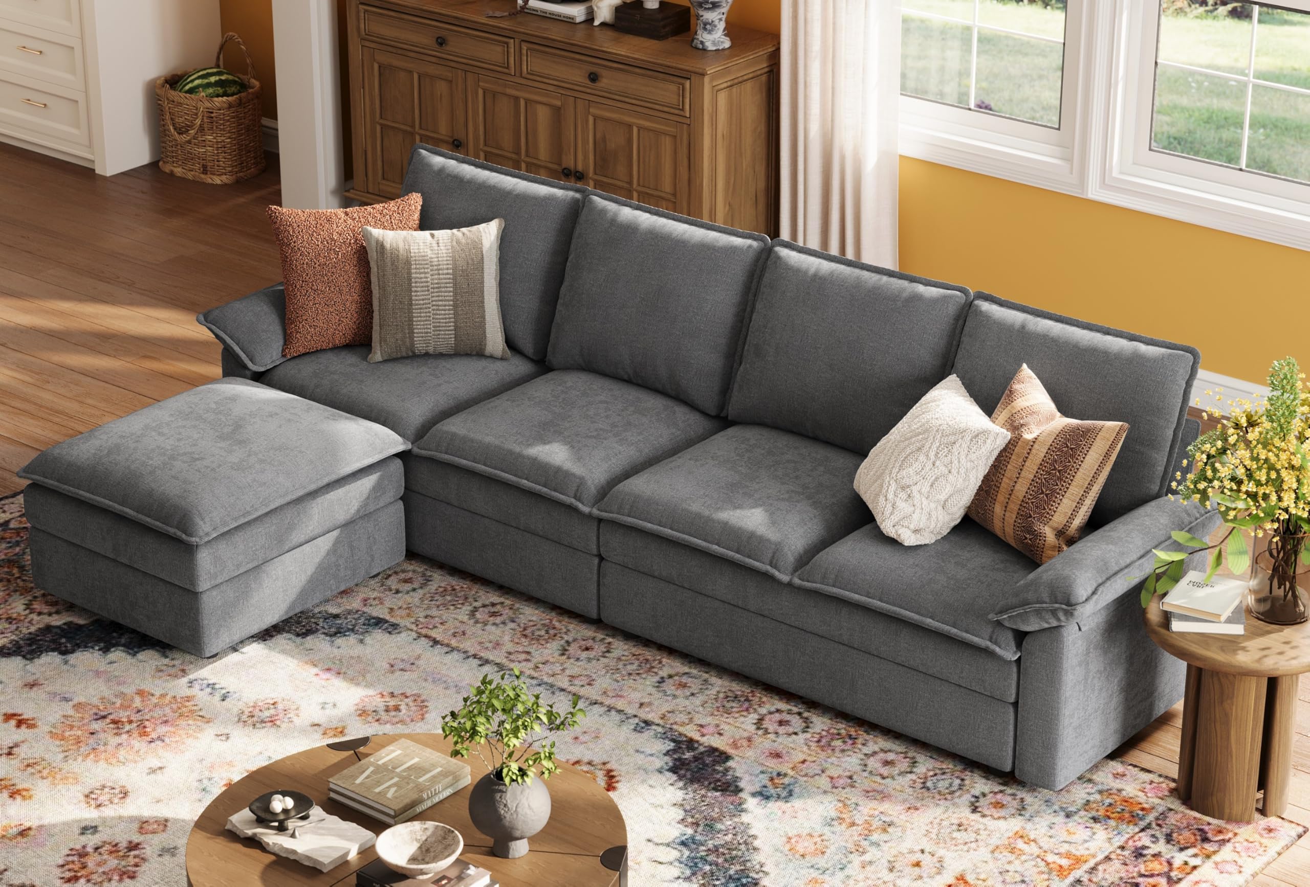 Photo 1 of ***BOX A1 ONLY***LINSY HOME Modular Cloud Couch, 113" L Shaped Sectional Sofa with Double Layer Cushions and Ottoman, Chenille 4 Seater Sofa Set for Living Room, Apartment, Grey