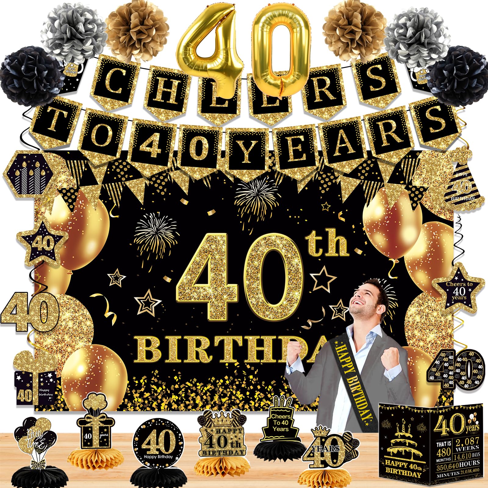 Photo 1 of 40th Birthday Decorations for Men Women,24PCS 40th birthday decor,Happy 40th Birthday Banner,Anniversary Card,6 Honeycomb Topper,Balloons,Cheers to 40 years banner,7 Hanging Swirl,6 paper Poms,sash