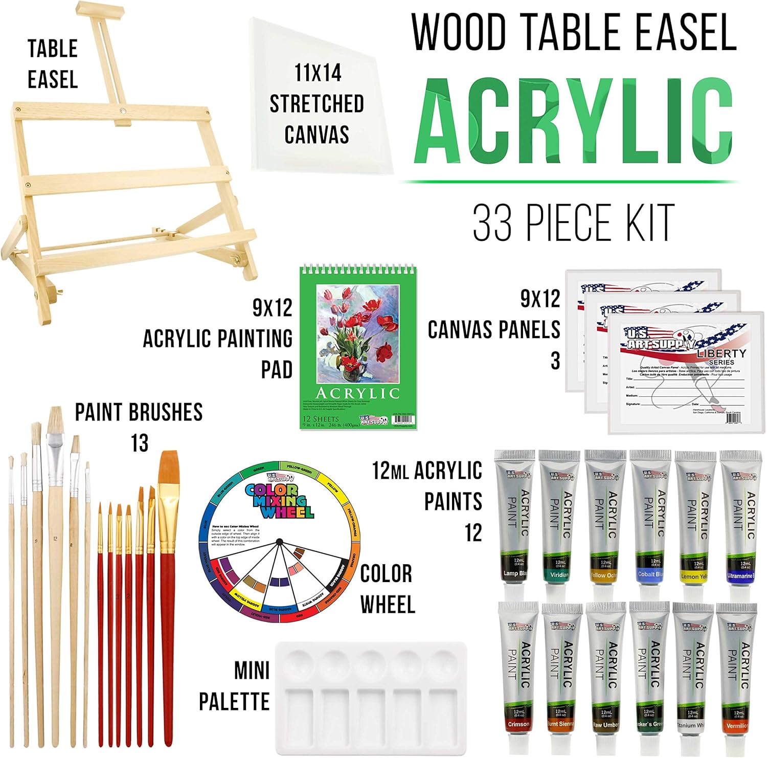 US Art Supply 33 Piece Custom Artist Acrylic Painting Set with Table Easel, Paint, Canvas and Accessories