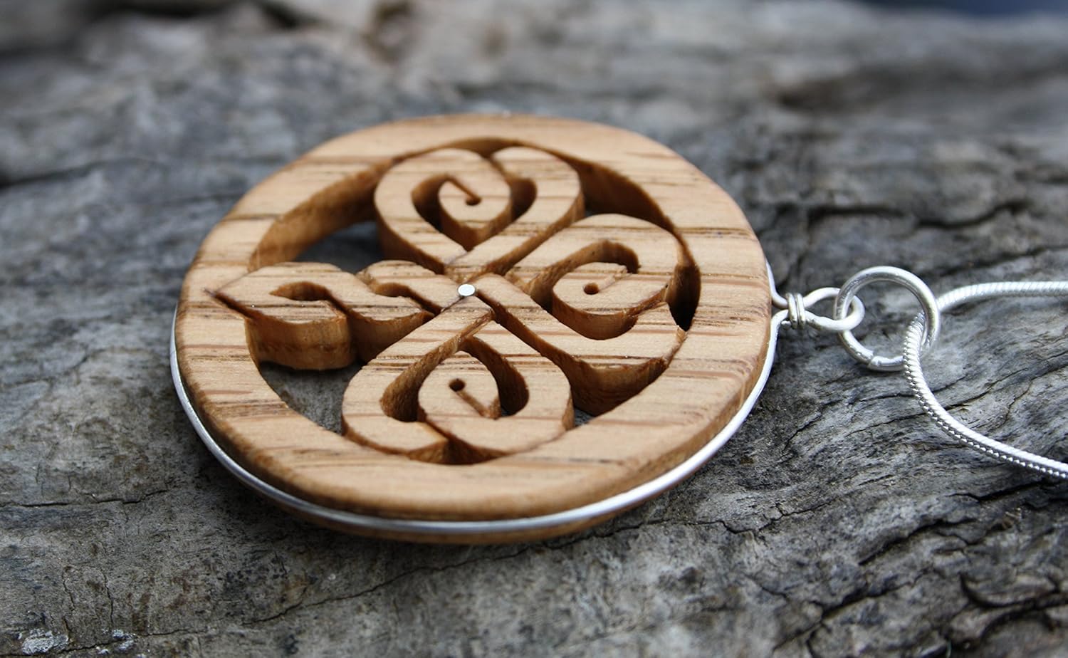 Irish Shamrock Celtic knot necklace, Hand carved Irish Oak Pendant on Sterling silver