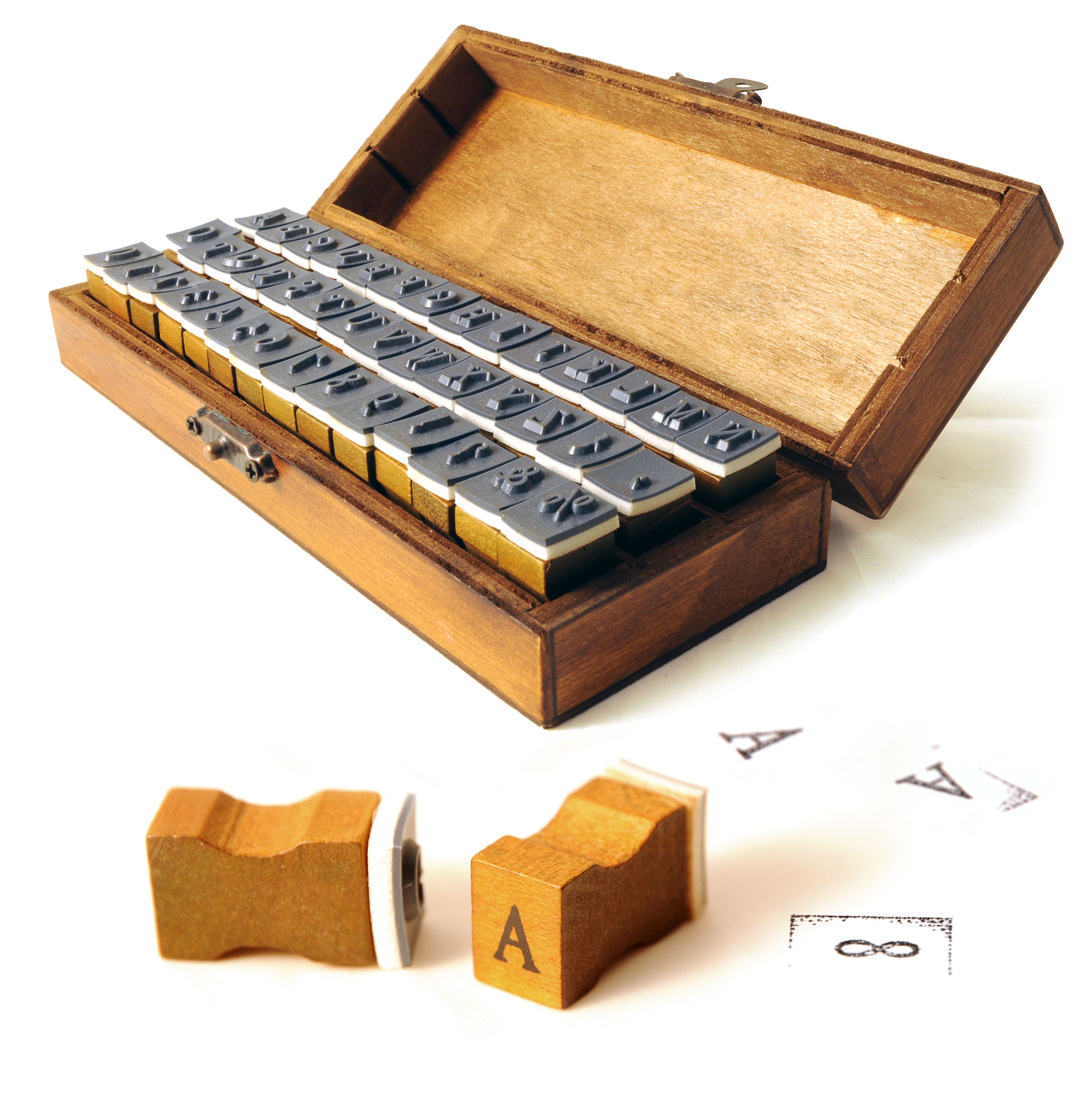 42-piece set. Ganzoo Rubber Stamp Set & Rustic Wooden Box with Metal Closure / Alphabet Stamp Set