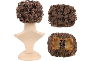 SWACC Short Messy Curly Dish Hair Bun Extension Easy Stretch hair Combs Clip in Ponytail Extension Scrunchie Chignon Tray Ponytail Hairpieces (Dark Brown Medium Auburn Mixed-4/30#)