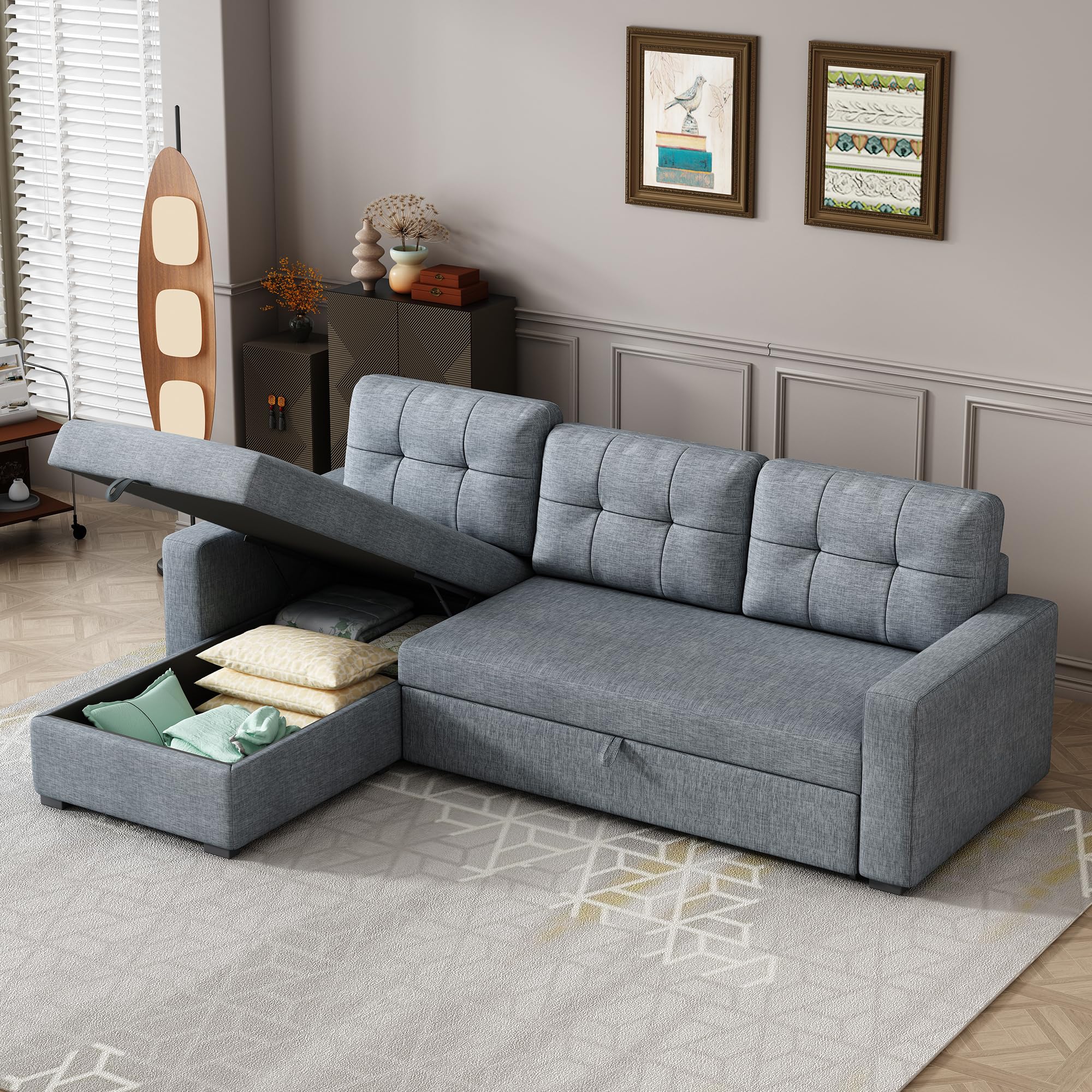 Photo 1 of *Box 1/2 Part of a set* *Legs missing?* FAVSH L-Shaped Sectional Convertible Sleeper Sofa Bed, Pull Out Couch with with Reversible Storage & Removable 3 Back Cushion for Living Room Apartment,Light Grey