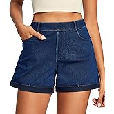 IUGA Stretchy Baggy Jean Shorts Womens Pull On Denim Shorts Women High Waisted Tummy Control Jorts Summer Casual with Pockets