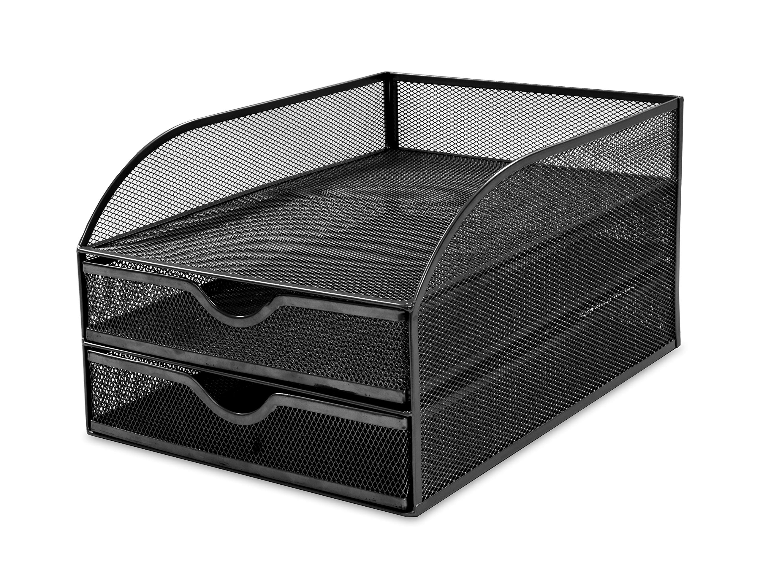 OSCO Wiremesh 2 Drawer A4 Desktop Paper Sorter with Letter Tray, Mesh Document File Holder & Desk Organiser, Home Office Desk Tidy, Compact Document Storage, Black (H18.5 × W25 × D34cm)