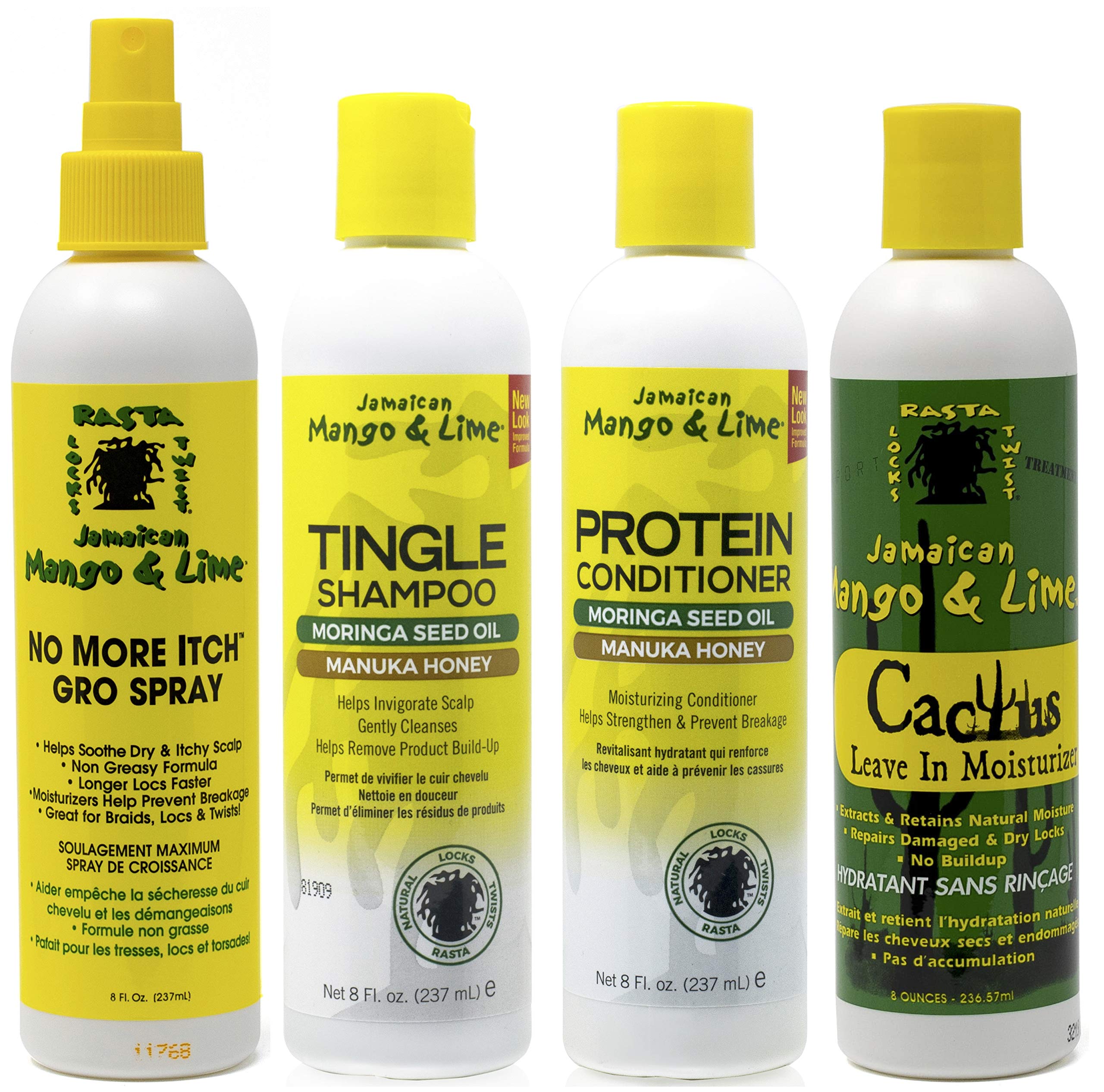Jamacican Mango & Lime No More Itch Grow Spray 8oz, Tingle Shampoo 8oz, Protein Conditioner 8oz & Cactus Leave-In Moisturizer