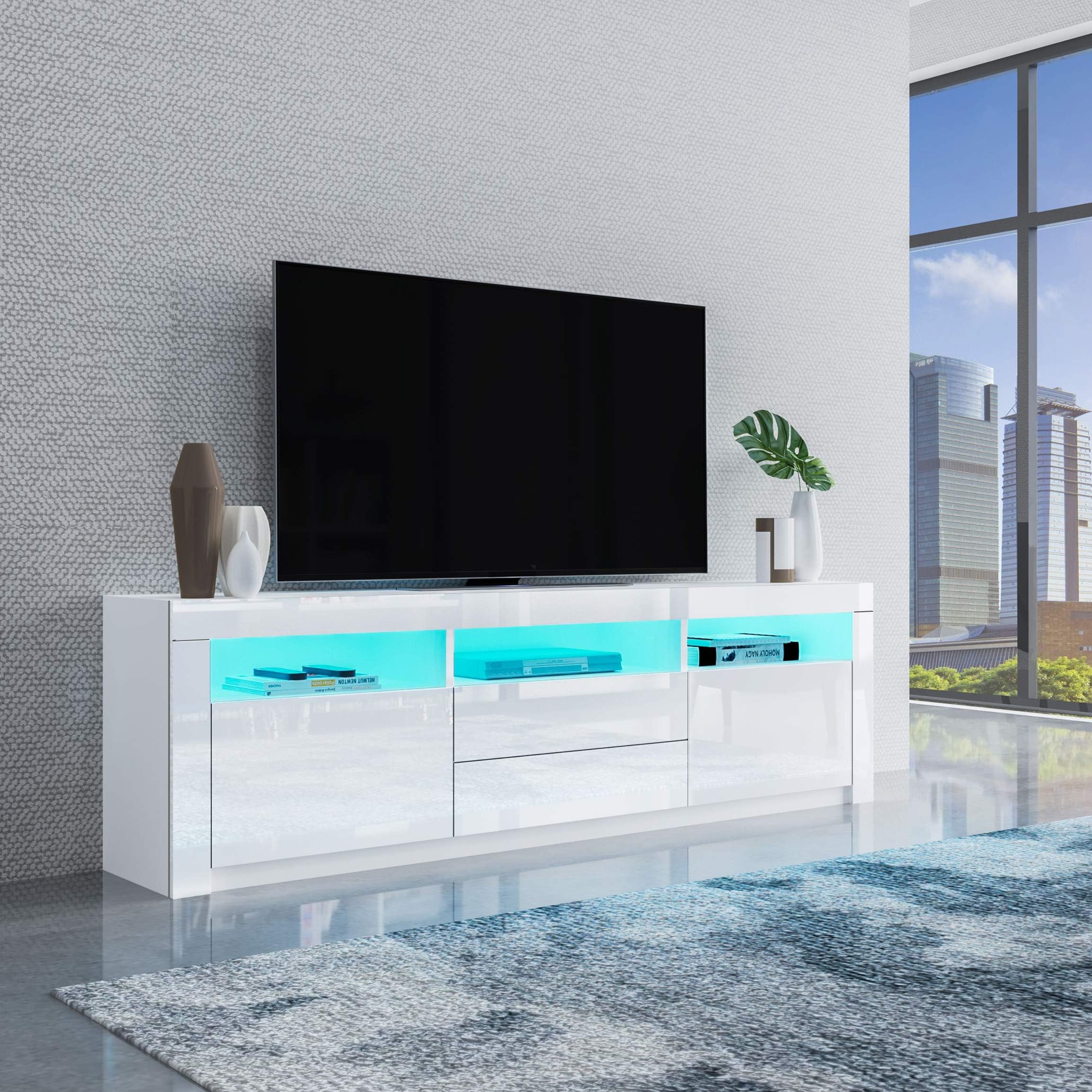 Homeaning Modern 160cm High Gloss 2 Doors 2 Drawers Matt Body Wooden TV Stand Unit Cabinet Sideboard Cupbpard 16 Colors FREE RGB LED LIGHT