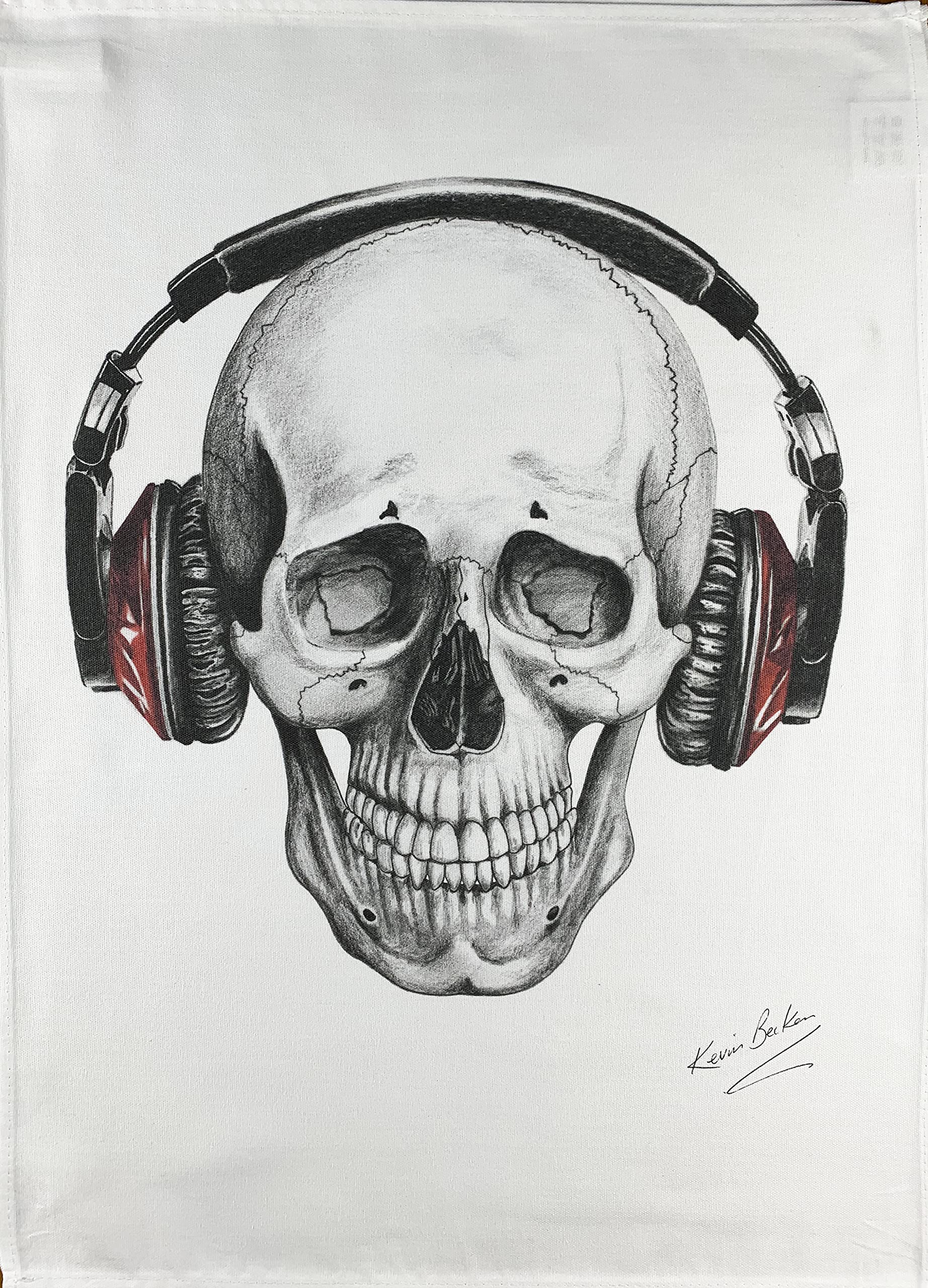 Half a Donkey Hand Drawn Skull wearing Headphones Large Cotton Tea Towel