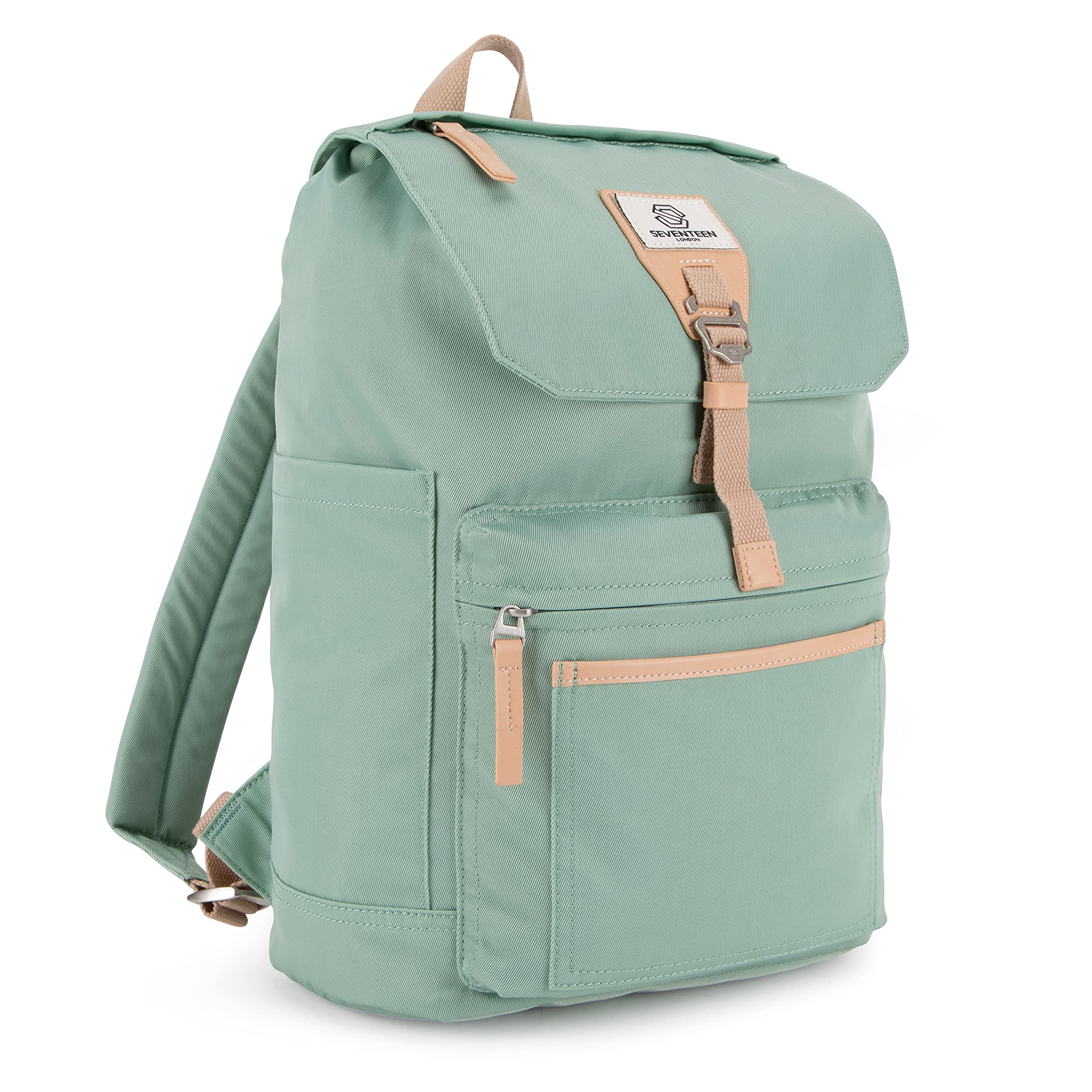 SEVENTEEN LONDON – Modern Pastel Green 'Fulham' Fold Top Backpack in a Classic Urban Design – Fits Laptops up to 15"