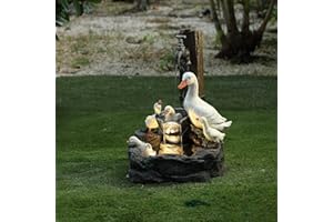 LUXENHÖME LuxenHome 3 Tiered Resin Duck Family Outdoor Fountain with LED Light, Waterfall Fountain Decor for Garden Patio Court Backyard Decking 24 inch, Gray/White