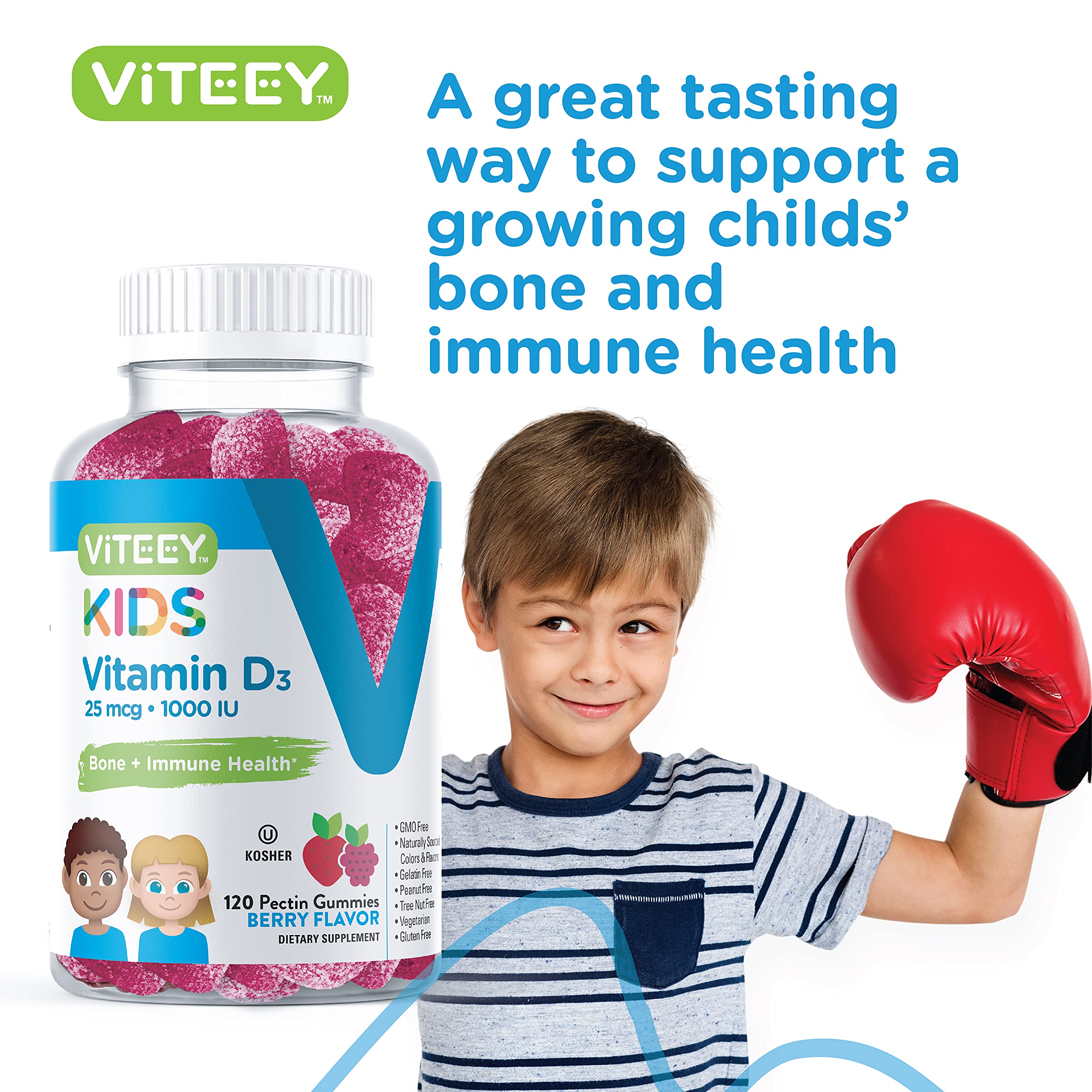 Viteey Vitamin D3 Kids Gummies 25mcg 1000 IU - Bone Health, Immune Health, Joint Muscle Support - Vegetarian, Gelatin Free, Gluten Free, GMO Free - Tasty Chewable Berry Flavored