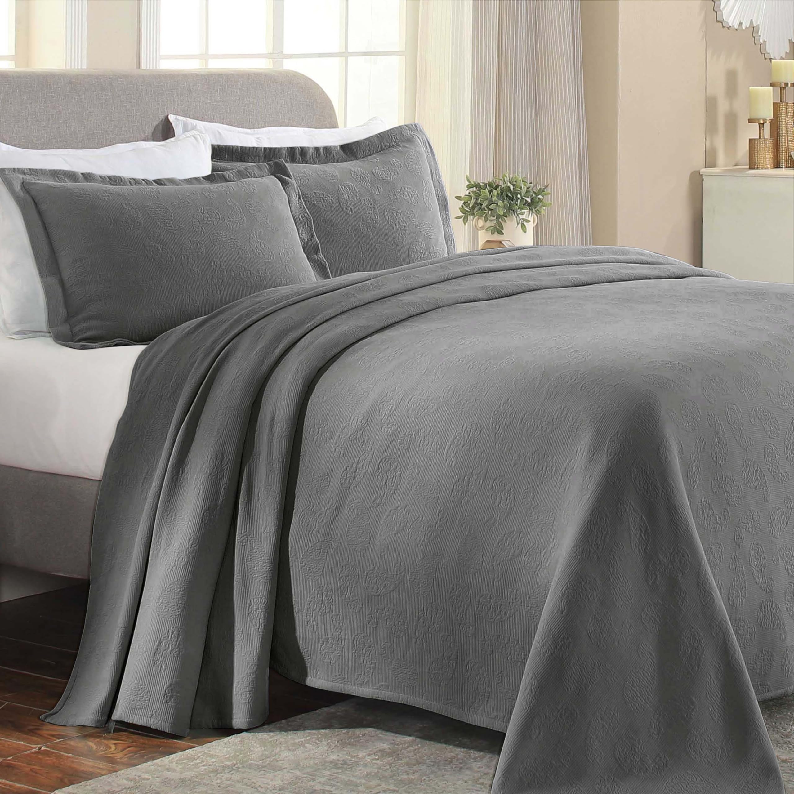Superior Bedspread, Jacquard Matelasse Paisley Cotton, King, Grey, 3 Pieces