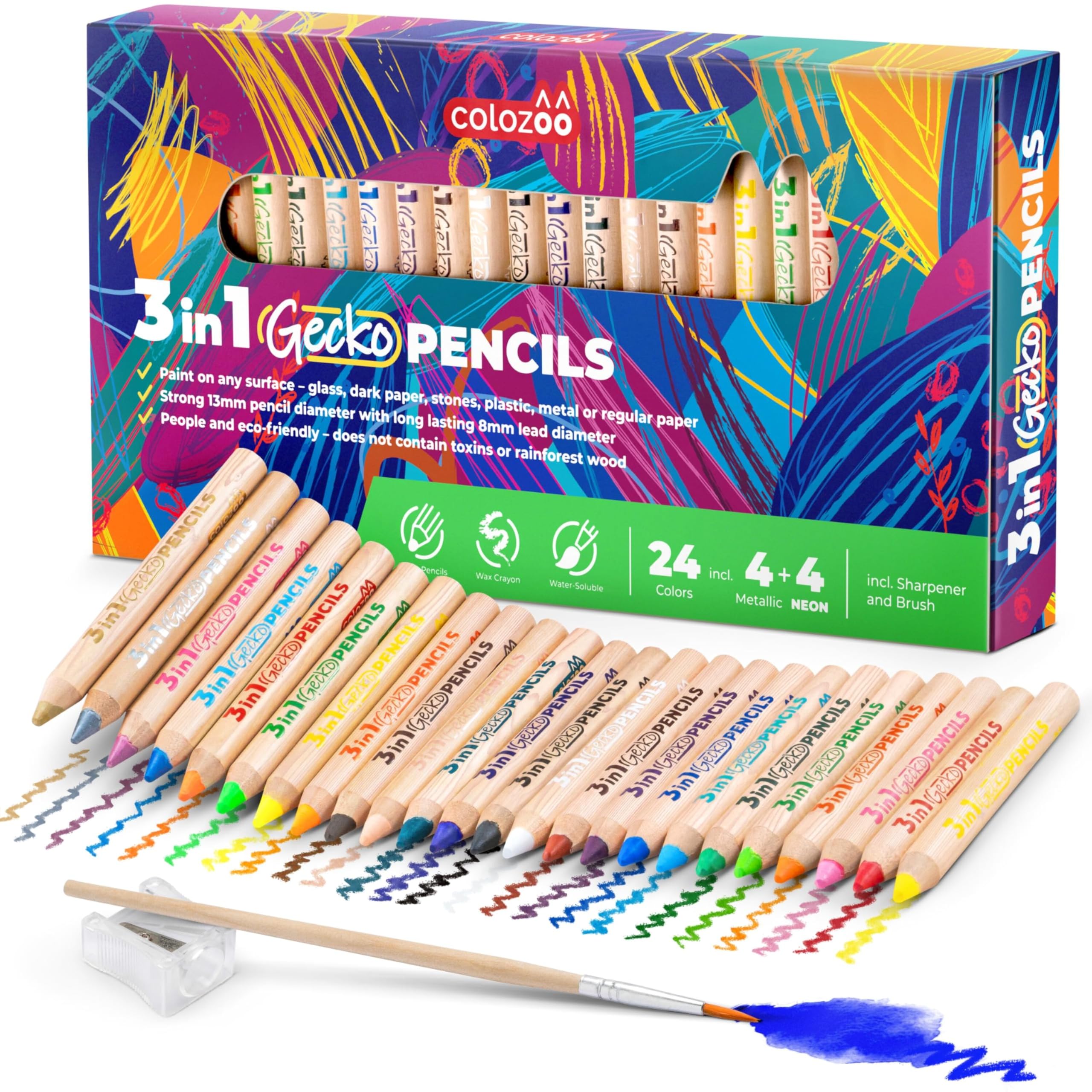 colozoo 3 in 1 Colouring Pencils | 24 Colours Set inc. Brush and Sharpener | Non-Toxic and Vegan for Ages 3 and Up