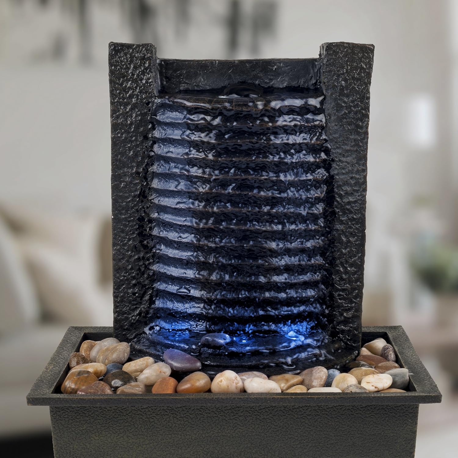 Indoor Water Fountain With LED Lights- Lighted Three Tier Soothing Cascading Tabletop Fountain With Rocks for Office and Home Décor By Pure Garden: Home & Kitchen