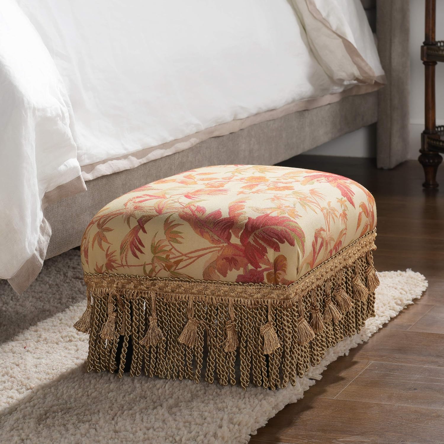 Jennifer Taylor Home Fiona Collection Traditional Style Upholstered Fringed and Tasseled Rectangular Wood Framed Footstool, Light Coral