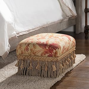 Jennifer Taylor Home Fiona Collection Traditional Style Upholstered Fringed and Tasseled Rectangular Wood Framed Footstool, Light Coral