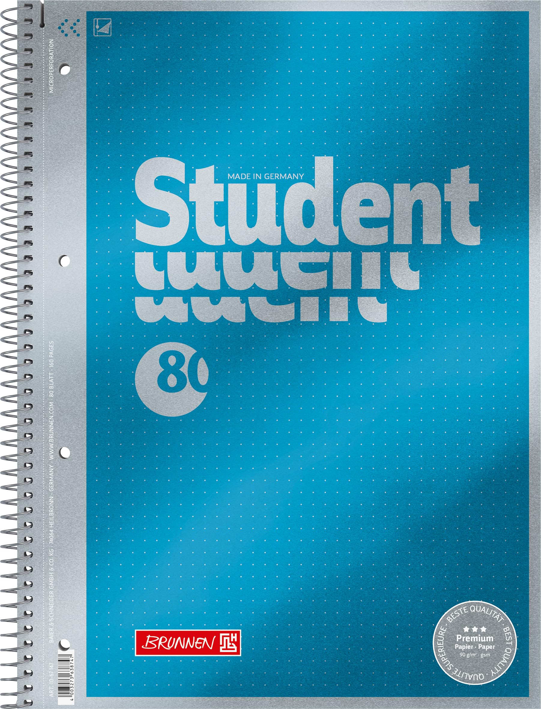 BRUNNEN Premium Student College Notepad, A4, Dotted, 80 Sheets, Blue