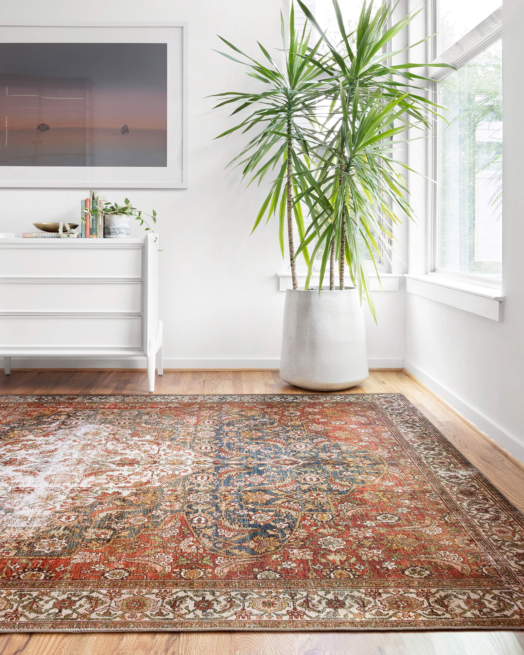 Photo 1 of ***DISTRESSED*** Loloi Layla Collection LAY-05 Ocean/Multi 7'-6" x 9'-6" .13" Thick Area Rug, Soft, Durable, Vintage Inspired, Distressed, Low Pile, Non-Shedding, Easy Clean, Printed, Living Room Rug