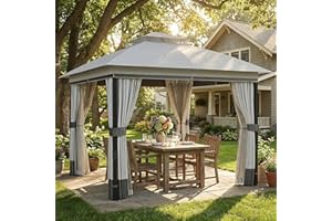 Outsunny 10' x 10' Patio Gazebo,UPF50+ Double Roof Outdoor Gazebo Canopy Shelter with Netting and Curtains, Steel Frame for G