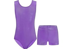 Nymphperi Girls Gymnastics Leotards 2 Piece Shiny Sleeveless Bodysuits with Sparkly Breathable Shorts Suit