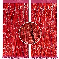 2 Pack 3.2 ft x 9.8 ft bling Red Tinsel Curtain