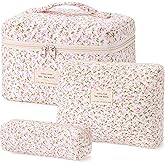 HBselect Quilted Makeup Bag, 3PCS Cotton Large Travel Makeup Bag, Cute Floral Coquette Make up Bag Cosmetic Bag Toiletry Bag for Women Girls