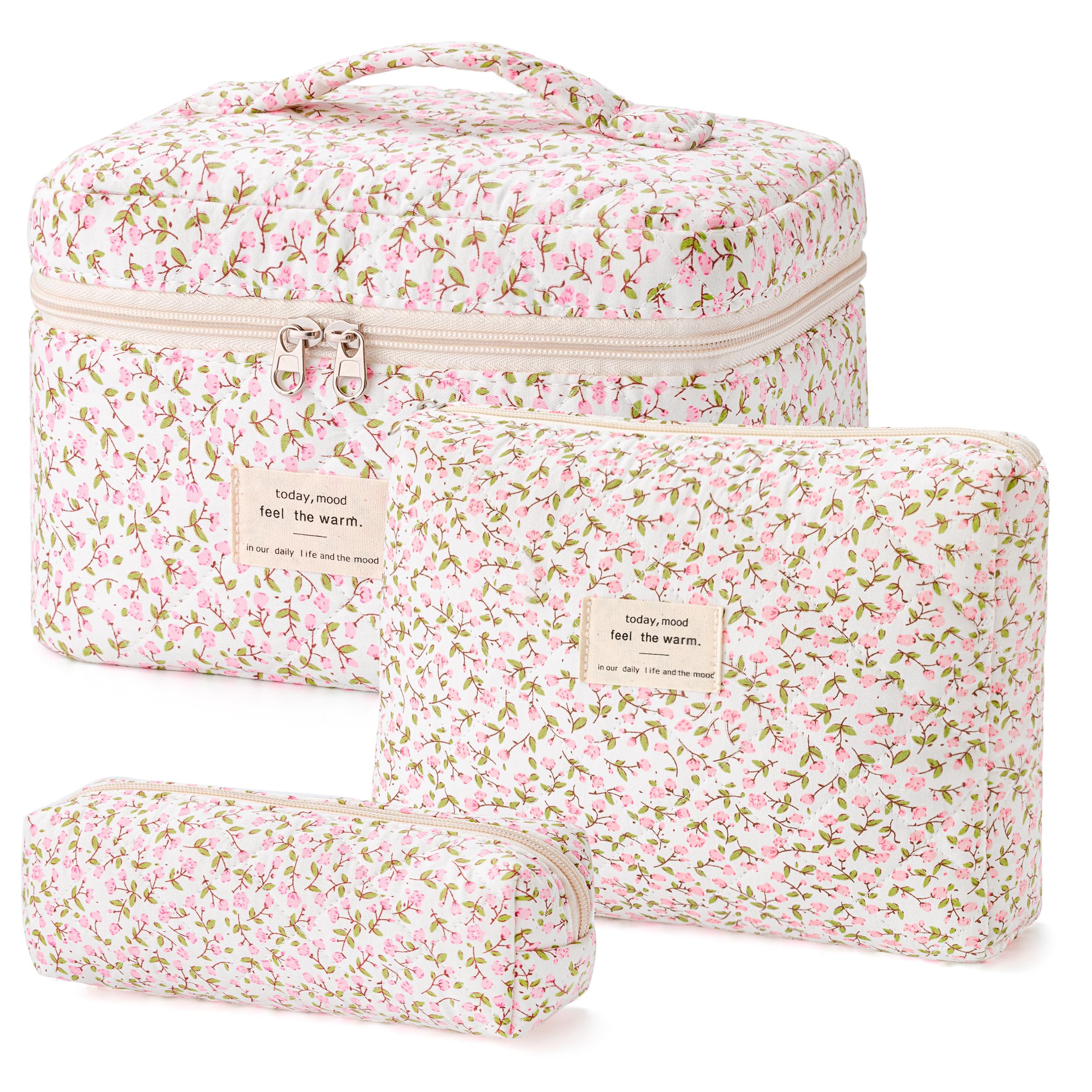 Photo 1 of HBselect Quilted Makeup Bag, 3PCS Cotton Large Travel Makeup Bag, Cute Floral Coquette Make up Bag Cosmetic Bag Toiletry Bag for Women Girls