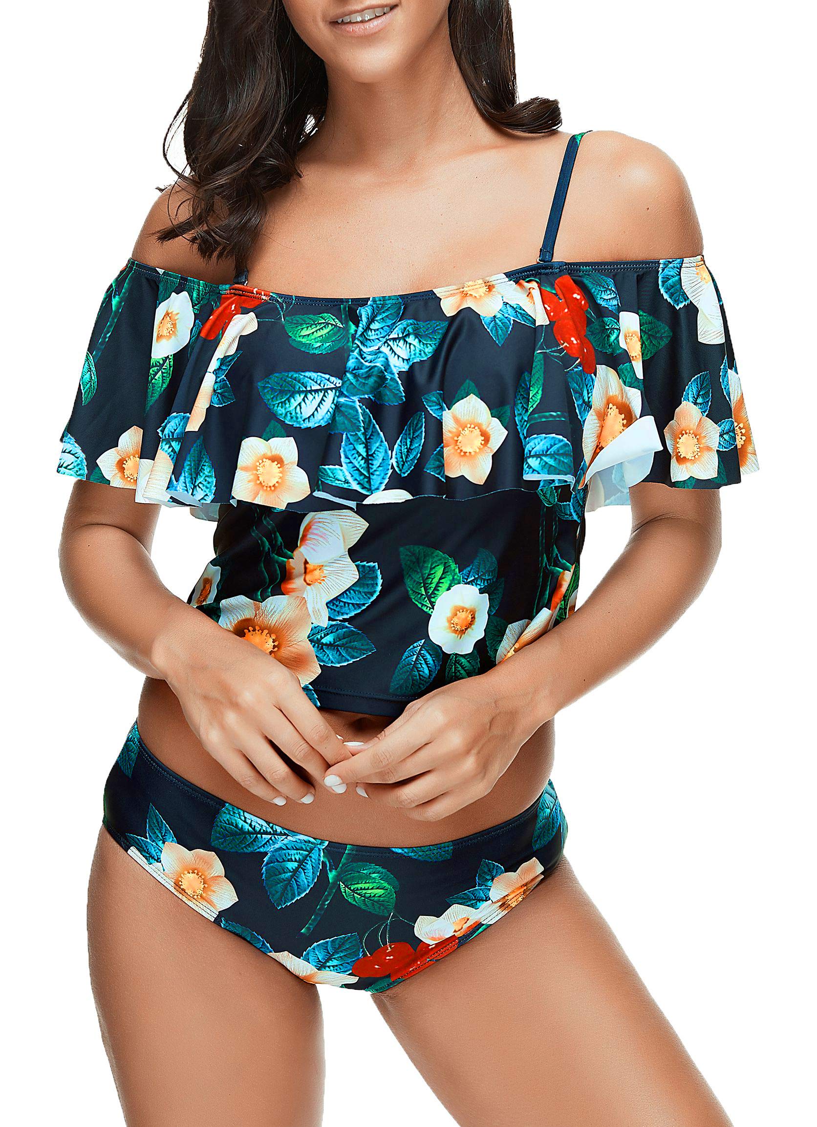 YONGDONG Women Off Shoulder Flounce Bikini Set Ruffle Two Pieces Swimsuit Floral Print Swimwear(L) Black