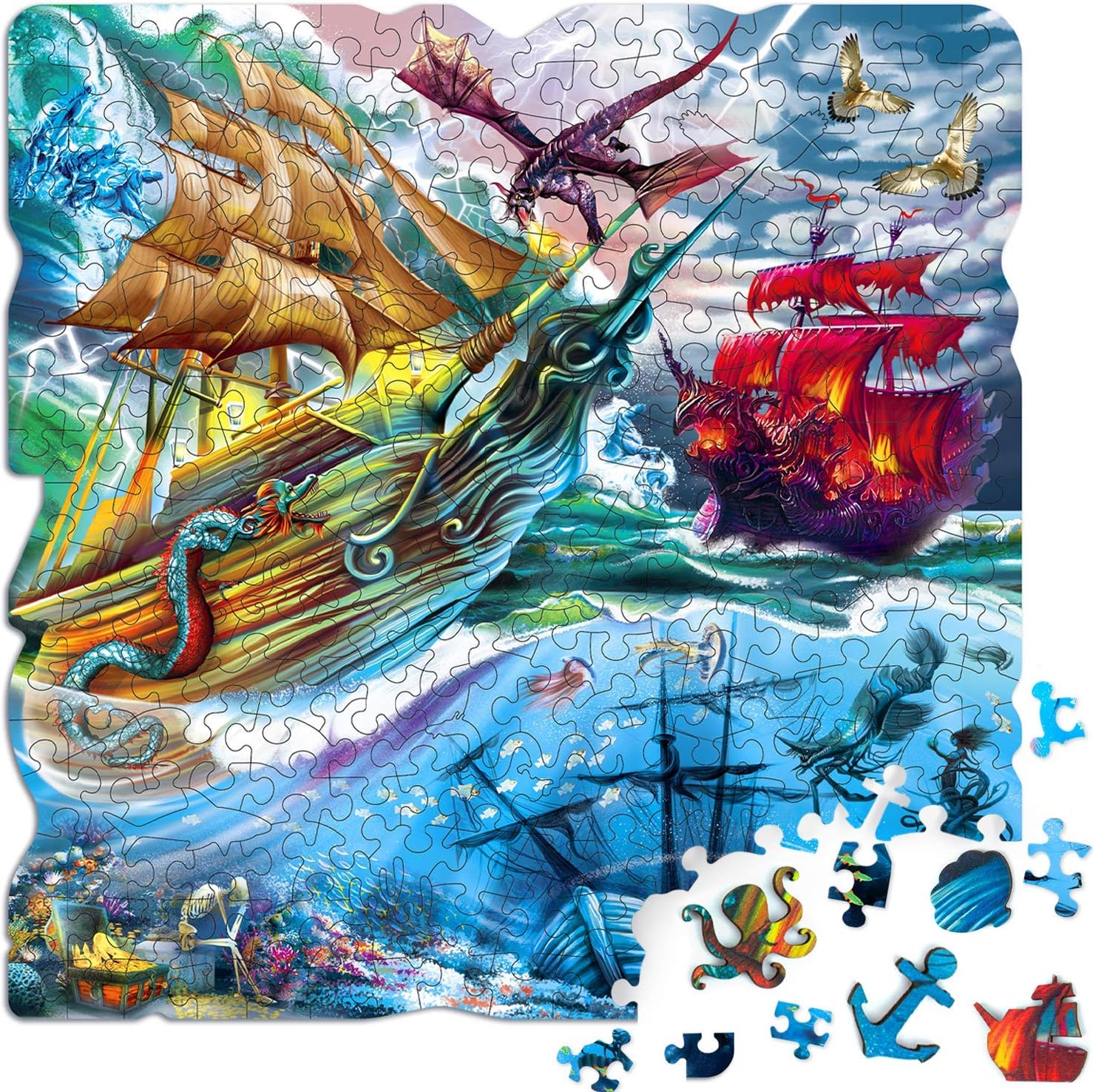 300 Piece Puzzles for Adults by Quokka, Wooden Adult Puzzle with Ship Battle, Unique Puzzles for Adults with Irregular Jigsaw Puzzles Pieces, Ship Battle Puzzles for Adults: Toys & Games