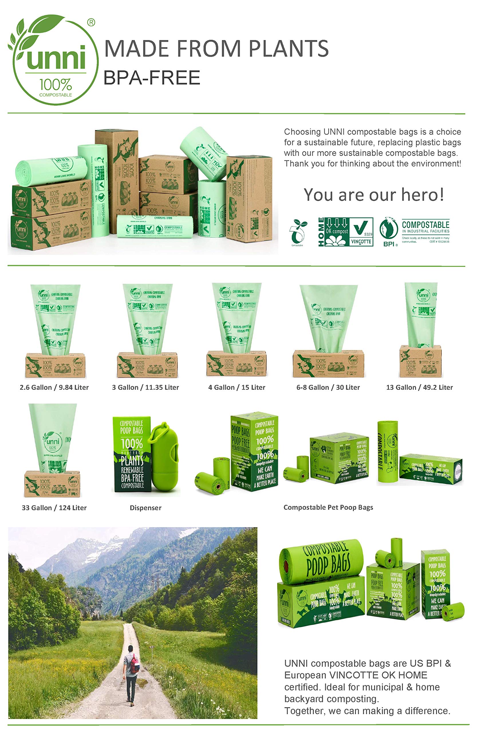 UNNI ASTM D6400 100 Compostable Bags, 3 Gallon,100 Count,Extra Thick 0