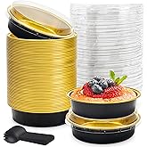 NPLUX 8 OZ Mini Cake Pans Disposable Ramekins with Lids Round Aluminum Mini Foil Cake Tins Baking Pans for Party Wedding Pudding (Black Gold, 25 Pack)