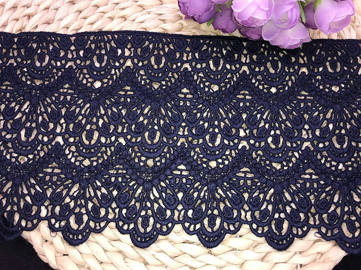 14CM Width Europe Long Pattern Inelastic Embroidery Lace Trim,Curtain Tablecloth Slipcover Bridal DIY Clothing/Accessories.(4 Yards in one Package) (Navy Blue)