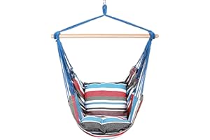 Blissun Hanging Hammock Chair, Hanging Swing Chair with Two Cushions, 34 Inch Wide Seat Blue & Green Stripes (Cool Breeze)