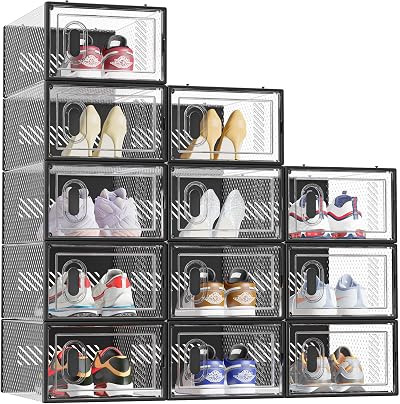 SIMPDIY 12 Pack Clear Stackable Shoe Boxes with Lids Black Frame
