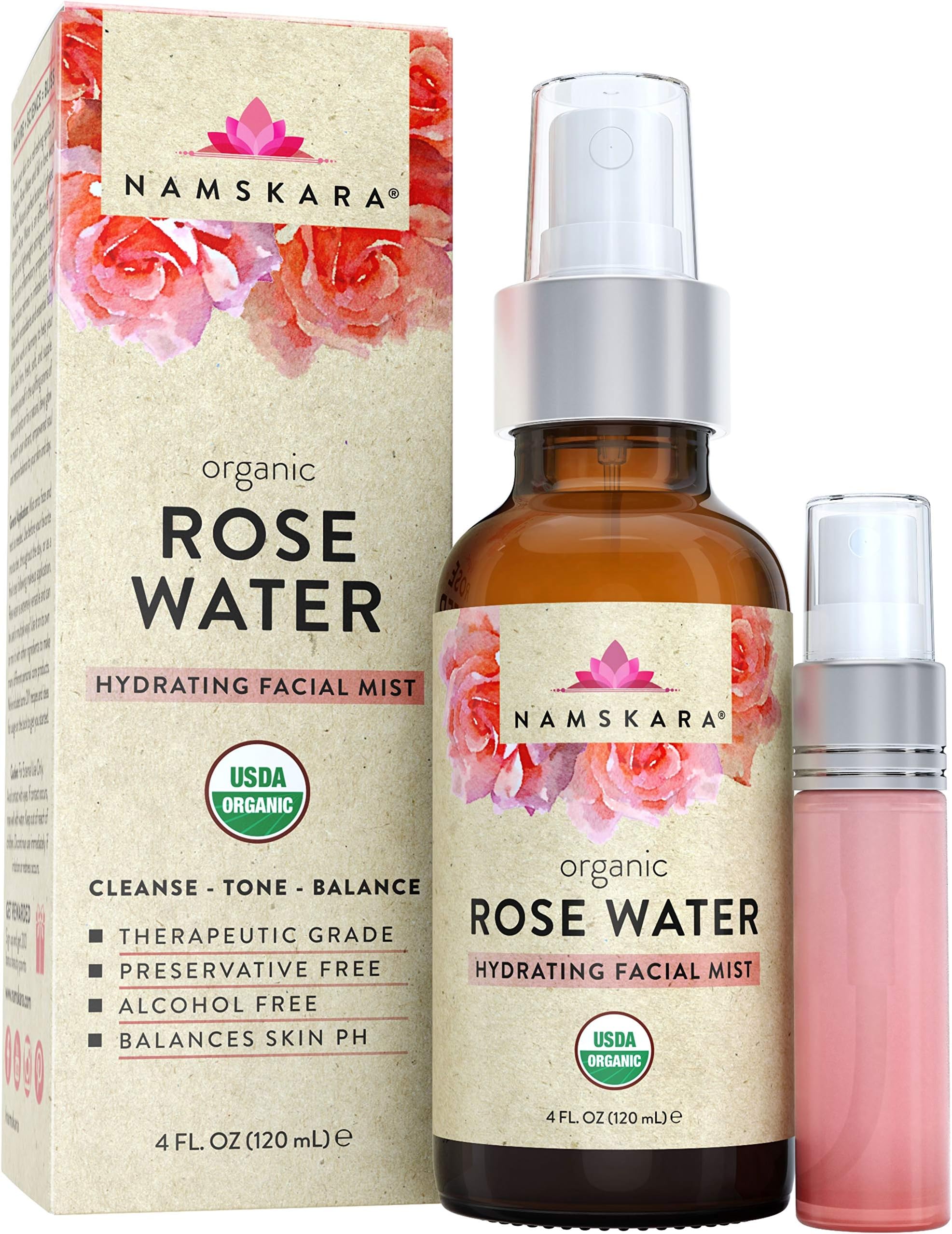 USDA Organic Rose Water Facial Toner Astringent - Anti Aging Hydrating Primer & Makeup Face Setting Spray Mist from Fresh Moroccan Rose Petal Water - 100% Natural Cleanser for Glowing Skin