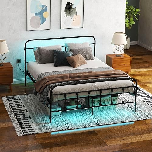 HOMCOM 5ft King Size Bed Frame with LED Lights and Charging Station, Metal Platform Bed Frame with Tall Headboard, Footboard and Steel Slat Support, No Box Spring Needed, Easy Assembly, Black
