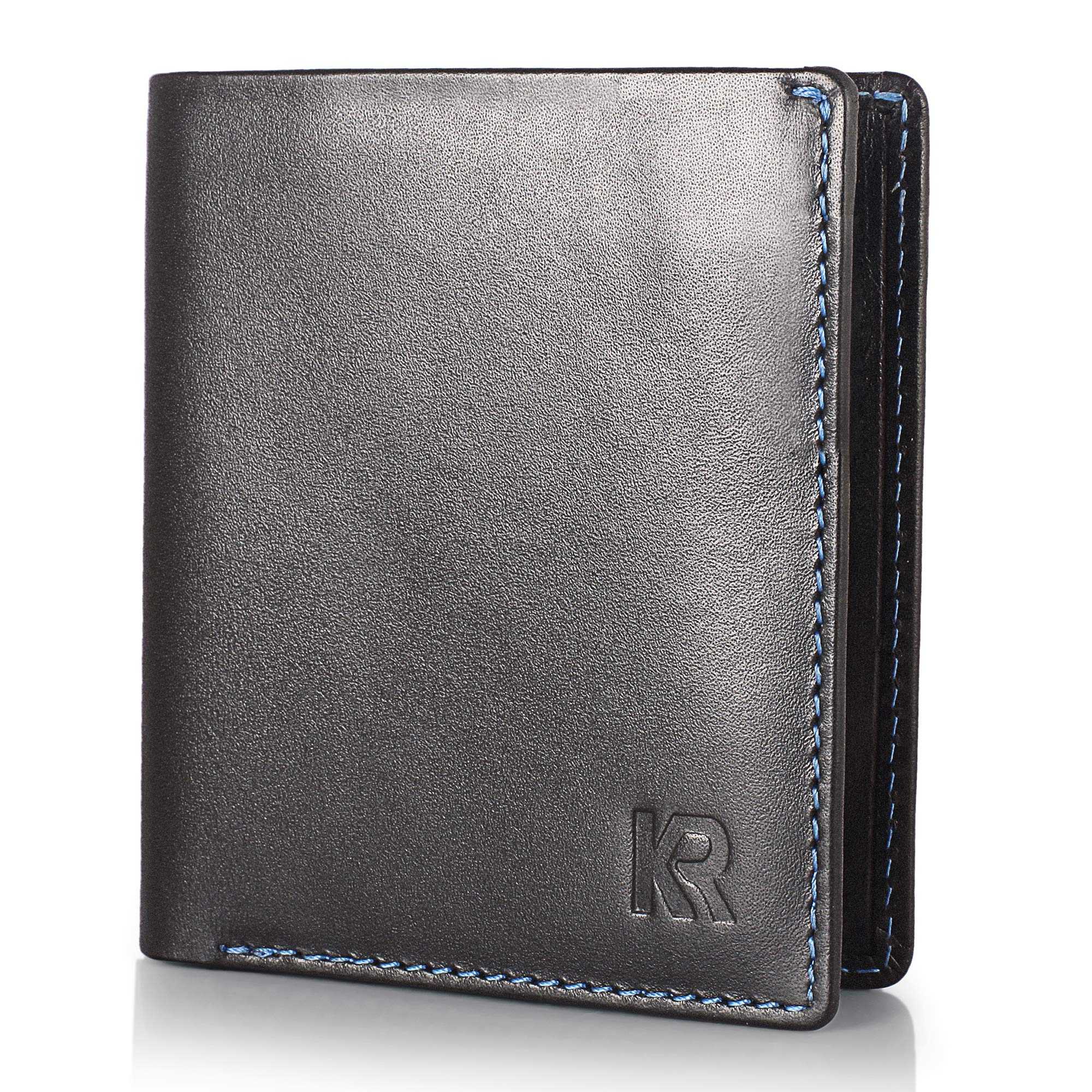 KRONIFY Odysseus Mini Wallet for Men Made of Leather I Perfect Size for The Trouser Pocket I TÜV Certified RFID Protection I Black Wallet with Blue Accents I Purse I Wallet for Men