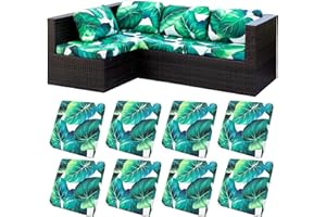 BIETYONE 8Pcs Stretch Patio Cushion Covers Outdoor Cushion Covers,for Outdoor Couch Cushion Covers Replacement,Outdoor Sofa Covers Patio Slipcovers Couch Cover,Washable Furniture Cover (Green Leaf, Cover Only)