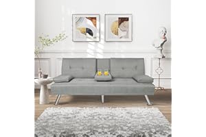 ERYE 66" Linen Upholstered Futon Loveseat Convertible Sleeper Couch Bed W/ 5 Metal Legs,Removable Pillows Armrest,Compact Foldable Napping Daybed 2 Seaters Love Seat Sofa with Drop-Down Cupholdes